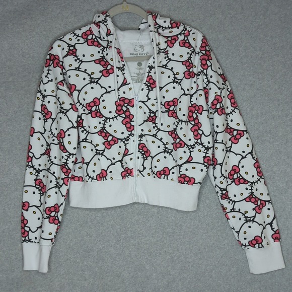 New Hello Kitty Zip Up Hoodie Sweatshirt All Over Print Womens L Sanrio Cropped - Picture 1 of 6